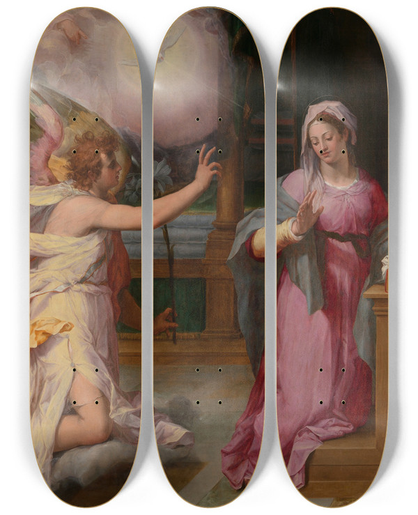 Triptych art skateboard deck of Peter Candid The Annunciation by Peter Candid (1548-1628)