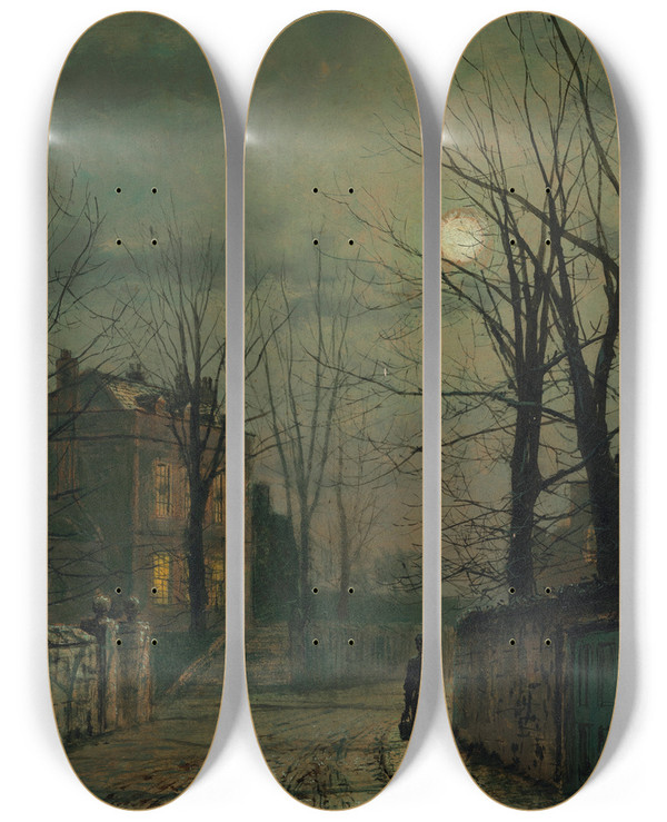 Triptych art skateboard deck of John Atkinson Grimshaw Corner Of The Old Road Claughton Near Scarborough by John Atkinson Grimshaw (1836-1893)