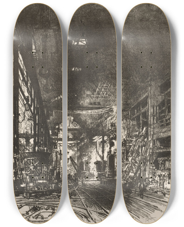 Triptych art skateboard deck of Joseph Pennell Within The Furnaces by Joseph Pennell (1857-1926)