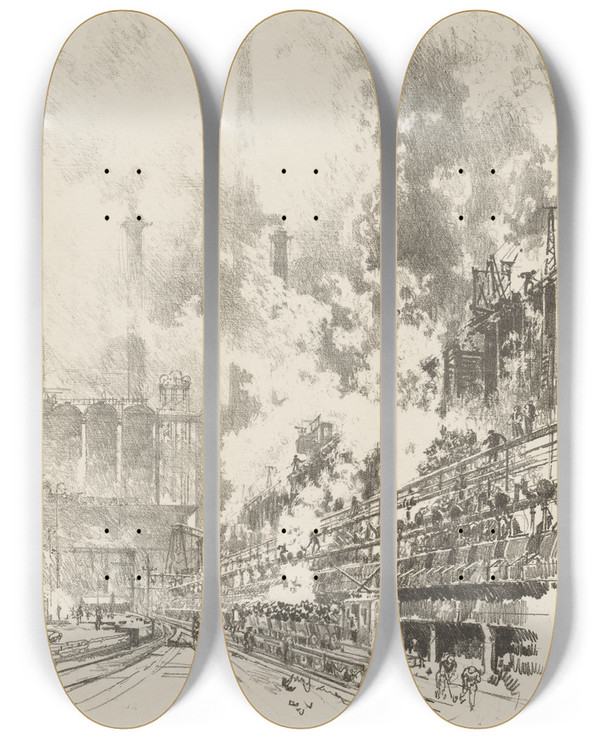 Triptych art skateboard deck of Joseph Pennell Byproducts by Joseph Pennell (1857-1926)