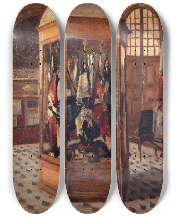Triptych art skateboard deck of Massia Bibikoff Vitrine De Drapeaux Au Muse De La Guerre Aux Invalides by Massia Bibikoff (19-20-)