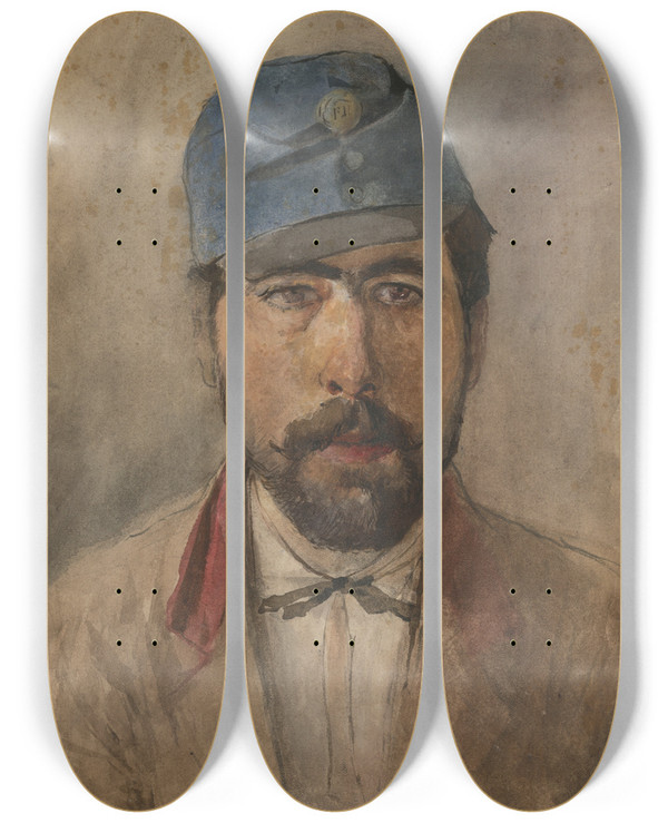 Triptych art skateboard deck of Ladislav Mednynszky Portrait Of A Soldier In A Blue Cap by Ladislav Mednyanszky (1852-1919)