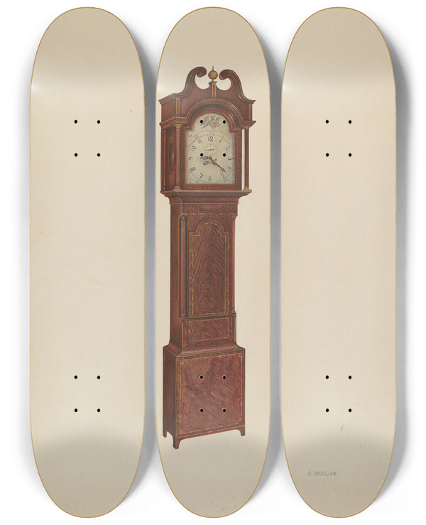 Triptych art skateboard deck of Arsen Maralian Tall Clock by Arsen Maralian
