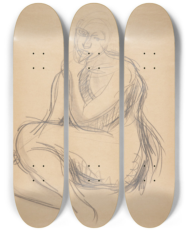 Triptych art skateboard deck of Harald Giersing Siddende Kvindelig Model_2 by Harald Giersing (1881-1927)