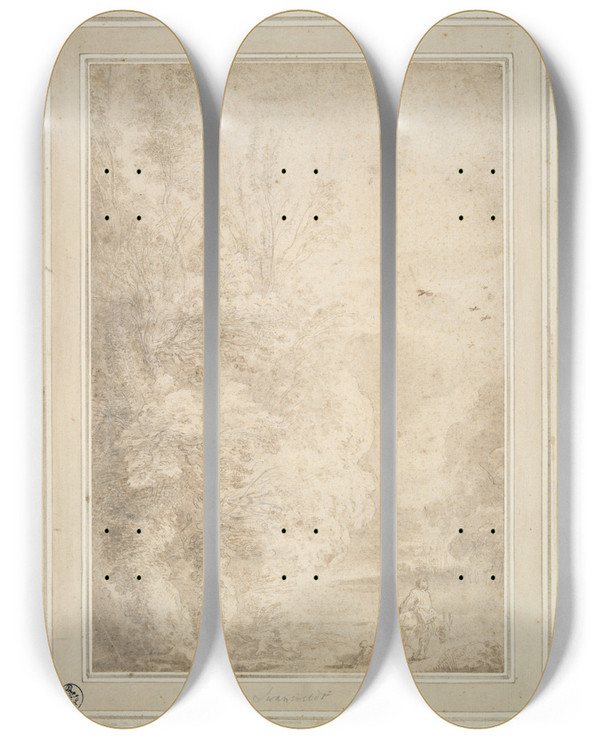 Triptych art skateboard deck of Herman Van Swanevelt Landscape With Traveler Ondonkey by Herman Van Swanevelt (1600-1655)