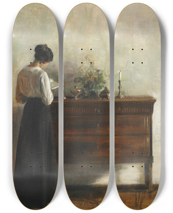 Triptych art skateboard deck of Carl Holse Interir Med Kunstnerens Hustru Der Str Ved En Kommode Og Lser by Carl Holsoe (1863-1935)