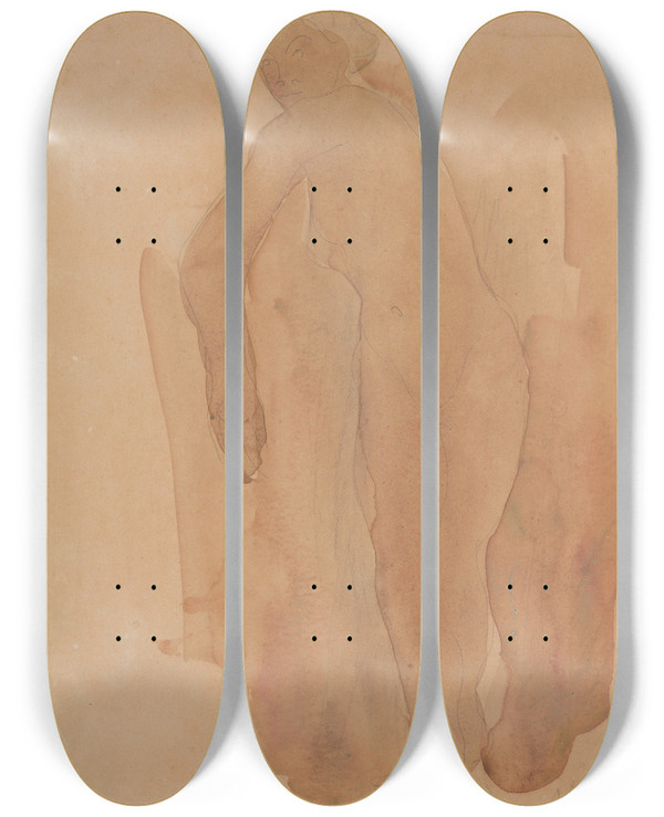 Triptych art skateboard deck of Auguste Rodin Nude_1 by Auguste Rodin (1840-1917)