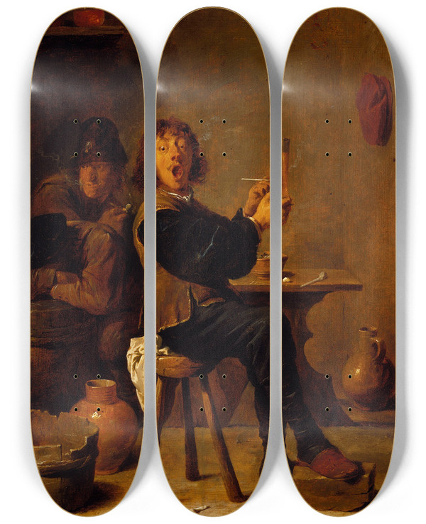 Triptych art skateboard deck of David Teniers The Younger The Smoker by David Teniers The Younger (1610-1690)