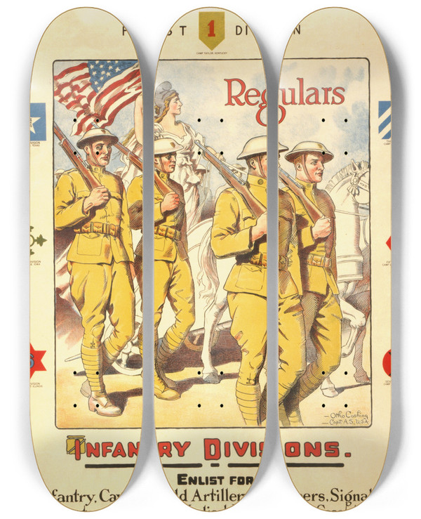 Triptych art skateboard deck of Otho Cushing First Division Regulars Infantry Divisions Enlist For Infantry Cavalry Field Artillery by Otho Cushing (1870-1942)