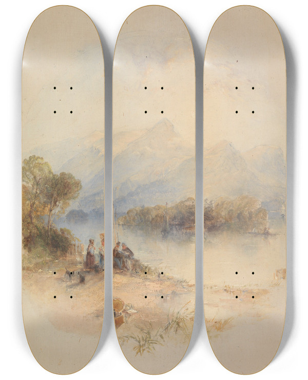 Triptych art skateboard deck of Thomas Creswick The Summer Bower Derwent Water by Thomas Creswick (1811-1869)
