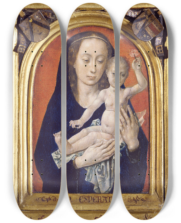 Triptych art skateboard deck of Hugo Van Der Goes Virgin And Child by Hugo van der Goes (1467-1482)
