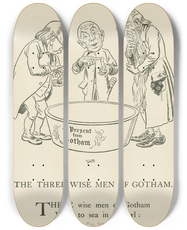 Triptych art skateboard deck of Leonard Leslie Brooke Three Wise Men Of Gotham 3 by Leonard Leslie Brooke (1862-1940)