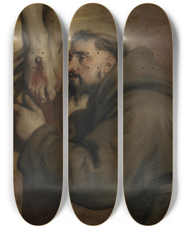 Triptych art skateboard deck of Anthony Van Dyck Saint Francis Of Assisi At The Foot Of The Cross by Anthony Van Dyck (1599-1641)