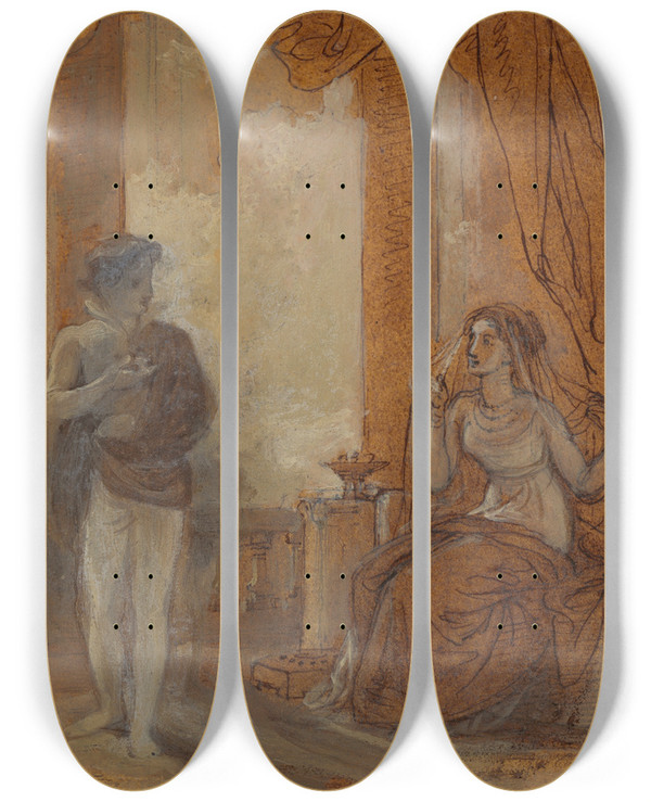 Triptych art skateboard deck of Robert Smirke Viola And Olivia by Robert Smirke (1752-1845)