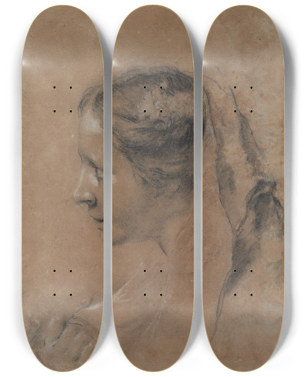 Triptych art skateboard deck of Giovanni Battista Piazzetta Head Of A Woman In Profile With A Scarf by Giovanni Battista Piazzetta (1682-1754)