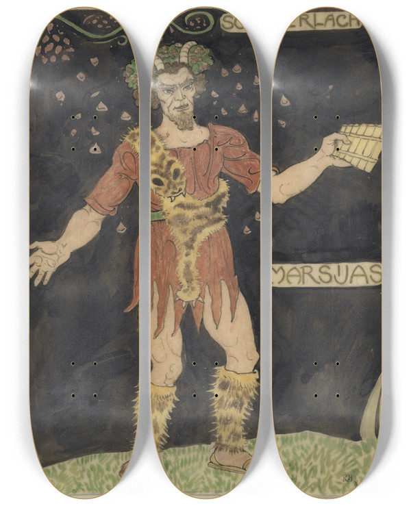 Triptych art skateboard deck of Richard Nicolas Roland Holst Ontwerp Voor Kostuum Voor Marsyas by Richard Nicolaus Roland Holst (1868-1938)