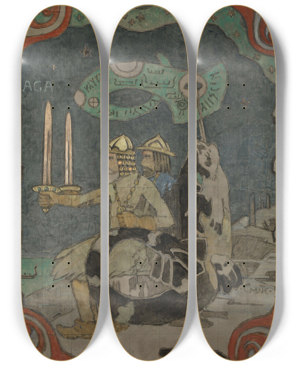 Triptych art skateboard deck of Gerhard Munthe Saga by Gerhard Munthe (1849-1929)