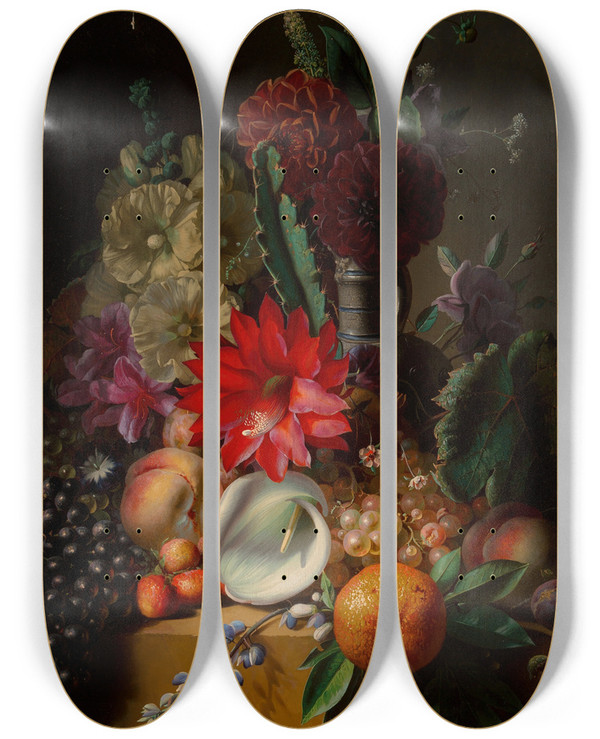 Triptych art skateboard deck of Jeanbaptiste Robie Still Life With Flowers And Fruit On A Ledge by Jean-Baptiste Robie (1821-1910)