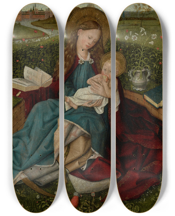 Triptych art skateboard deck of After Robert Campin The Madonna Of Humility by After Robert Campin