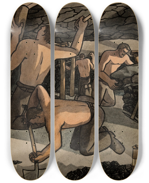 Triptych art skateboard deck of George Bissill Coal Miners At Work Cutting Coal And Propping_2 by George Bissill (1896-1973)