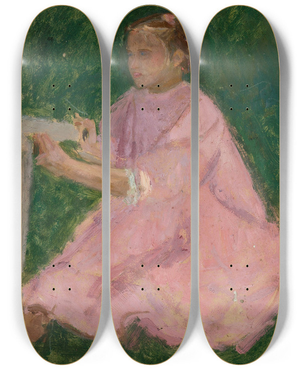 Triptych art skateboard deck of Tadeusz Makowski Dziewczynka W Rowej Sukience by Tadeusz Makowski (1882-1932)