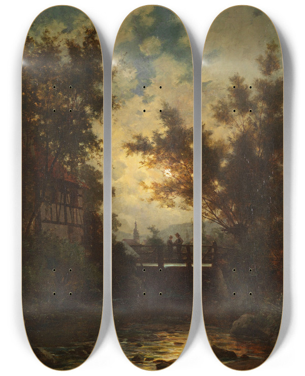 Triptych art skateboard deck of Adolf Stademann Vollmondnacht Am Dorfbach by Adolf Stademann (1824-1895)