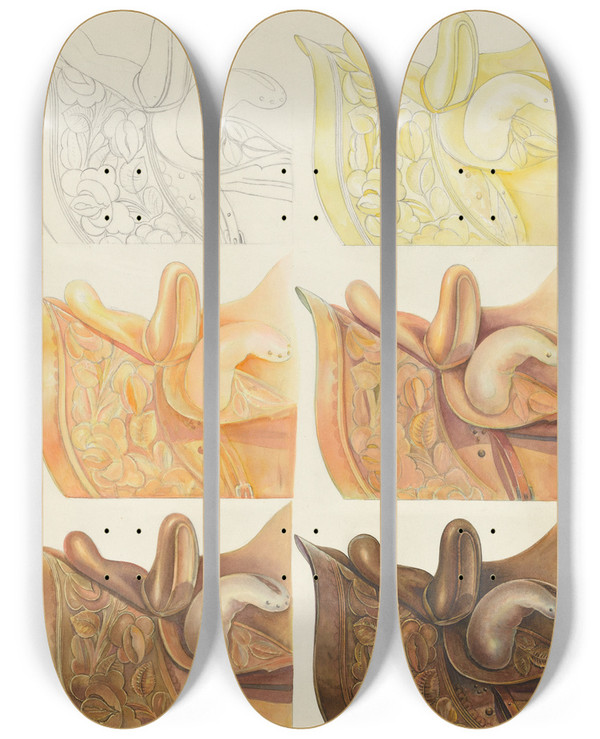 Triptych art skateboard deck of Gerald Transpota Saddle Technique Demonstration by Gerald Transpota (1898-1971)