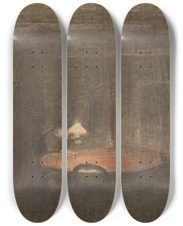 Triptych art skateboard deck of Vilhelm Hammershi Figure Reading At A Table In An Interior At Night by Vilhelm Hammershoi (1864-1916)