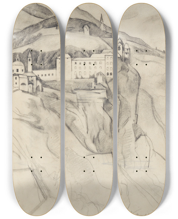 Triptych art skateboard deck of Alexander Kanoldt Blick Auf Sabiona by Alexander Kanoldt (1881-1939)