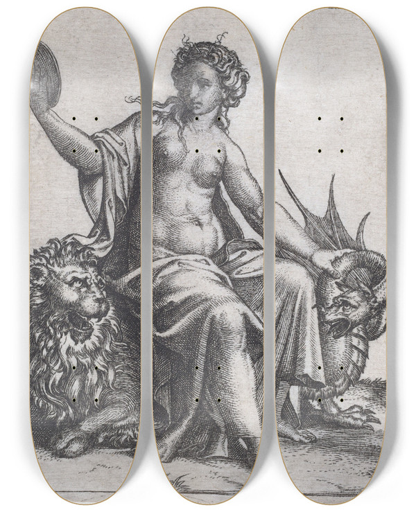 Triptych art skateboard deck of Marcantonio Raimondi Prudence_1 by Marcantonio Raimondi (1470-1527)