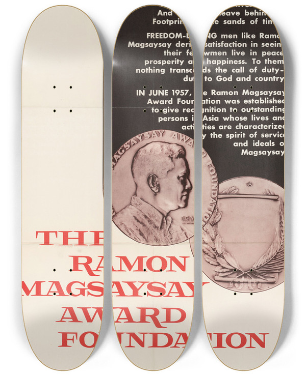 Triptych art skateboard deck of Us Information Agency The Ramon Magsaysay Award Foundation by U S Information Agency (1953-1999)