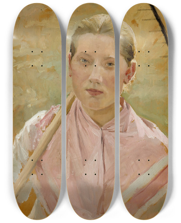 Triptych art skateboard deck of Albert Edelfelt Girl With A Rake Study For August by Albert Edelfelt (1854-1905)