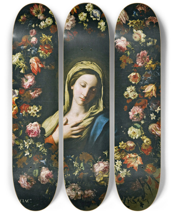 Triptych art skateboard deck of Francesco Caldei A Flower Garland Surrounding The Virgin Annunciate by Francesco Caldei (1587-1674)
