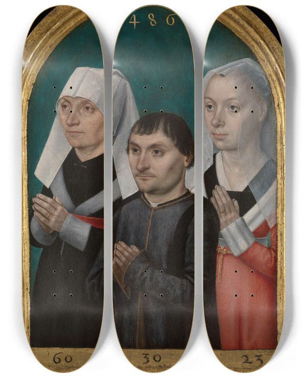 Triptych art skateboard deck of Master Of The Legend Of Saint Ursula Three Donors by Master of the Legend of Saint Ursula (1436-1505)
