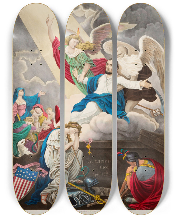 Triptych art skateboard deck of D Wiest In Memory Of Abraham Lincoln by D Wiest
