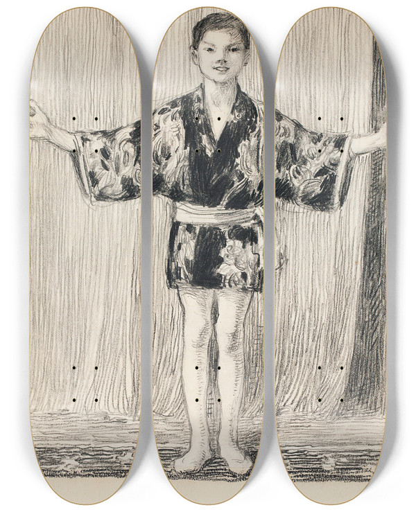 Triptych art skateboard deck of Venny Soldanbrofeldt Tora Itmaisessa Tunikassa by Venny Soldan-Brofeldt (1863-1945)
