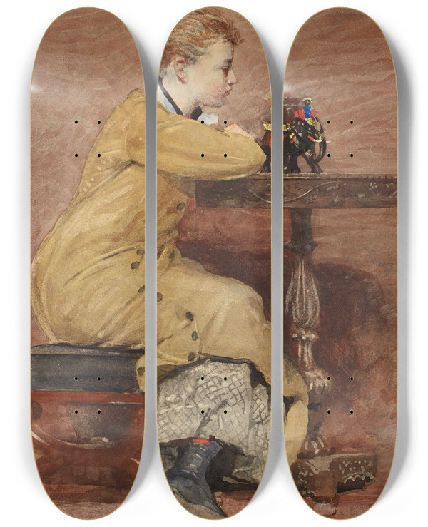 Triptych art skateboard deck of Winslow Homer Woman And Elephant by Winslow Homer (1836-1910)
