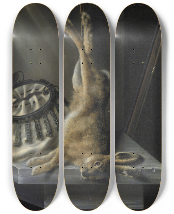 Triptych art skateboard deck of Jacob Biltius A Dead Hare by Jacob Biltius (1633-1681)