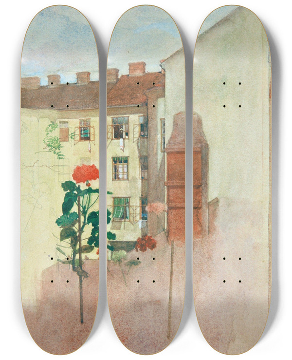 Triptych art skateboard deck of Josef Wawra Blick Aus Dem Fenster by Josef Wawra (1893-1935)