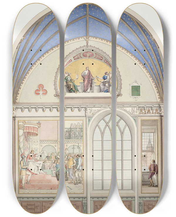 Triptych art skateboard deck of Heinrich Eddelien Udkast Til Hvlvingens Dekoration I Christian Ivs Kapel I Roskilde Domkirke Udsmykning Tv Med Chr Iv Som Dommer by Heinrich Eddelien (1802-1852)