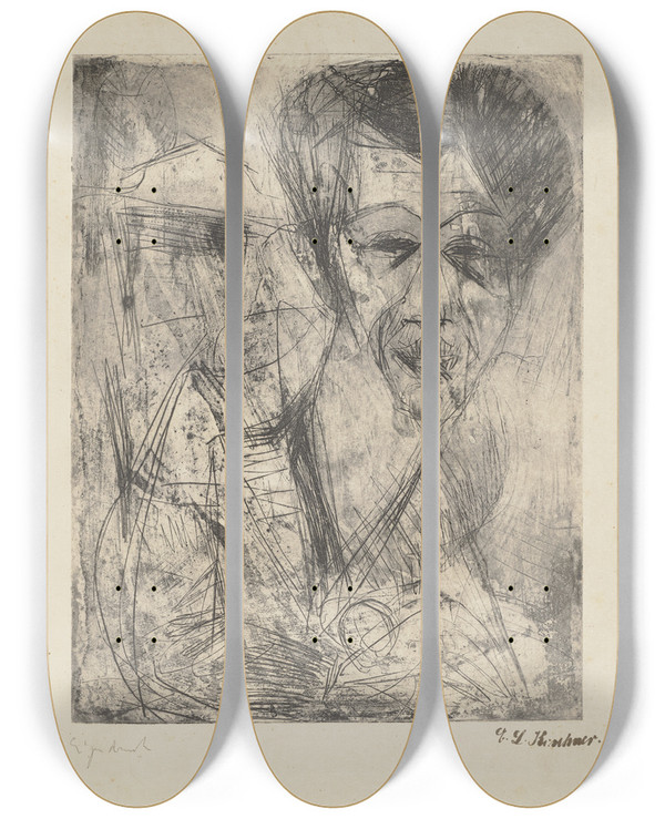 Triptych art skateboard deck of Ernst Ludwig Kirchner Selbstbildnis Zeichnend_2 by Ernst Ludwig Kirchner (1880-1938)