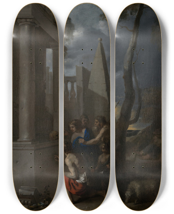 Triptych art skateboard deck of Sbastien Bourdon Et In Arcadiaego by Sebastien Bourdon (1616-1671)