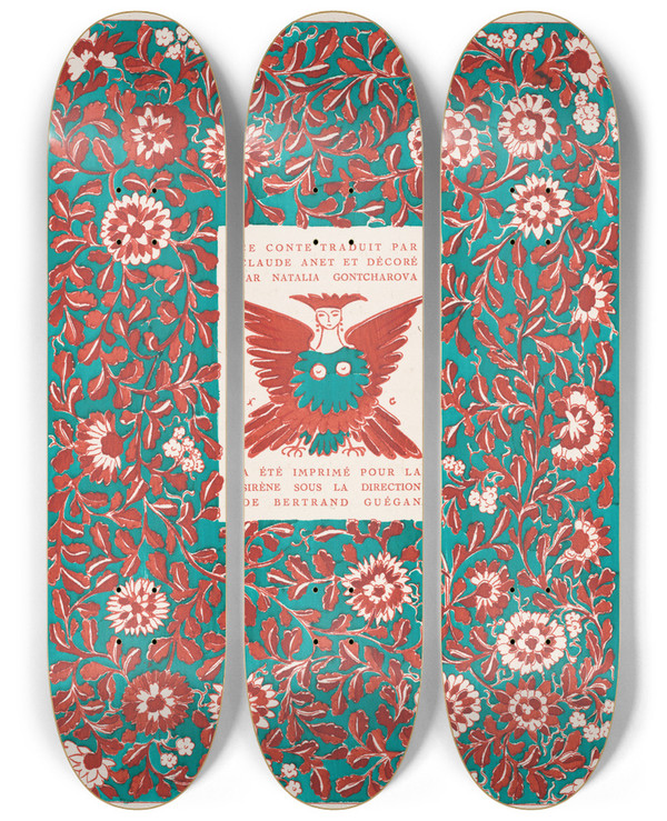 Triptych art skateboard deck of Natalia Goncharova Conte De Tsar Saltan Et De Son Fils Le Glorieux Et Puissant Prince Gvidon Saltanovitch Et De Sa Belle Princesse Cygne Pl 15 by Natalia Goncharova (1881-1962)