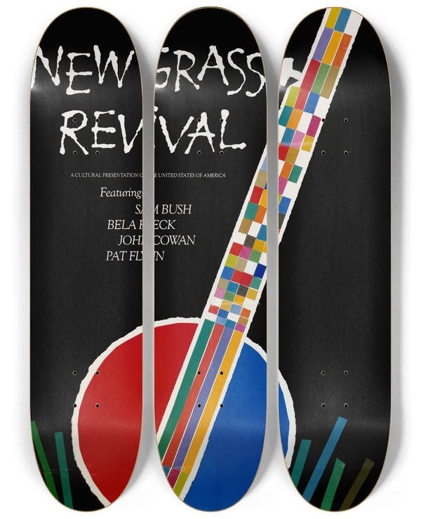 Triptych art skateboard deck of Us Information Agency New Grass Revival Featuring Sam Bush Bela Fleck John Cowan Pat Flynn_1 by U S Information Agency (1953-1999)