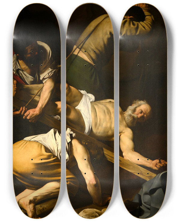 Triptych art skateboard deck of Caravaggio Crucifixion Of St Peter by Caravaggio (1571-1610)