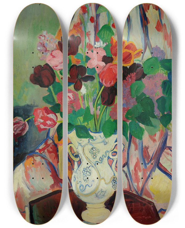 Triptych art skateboard deck of Suzanne Valadon Bouquet De Tulipes by Suzanne Valadon (1865-1938)