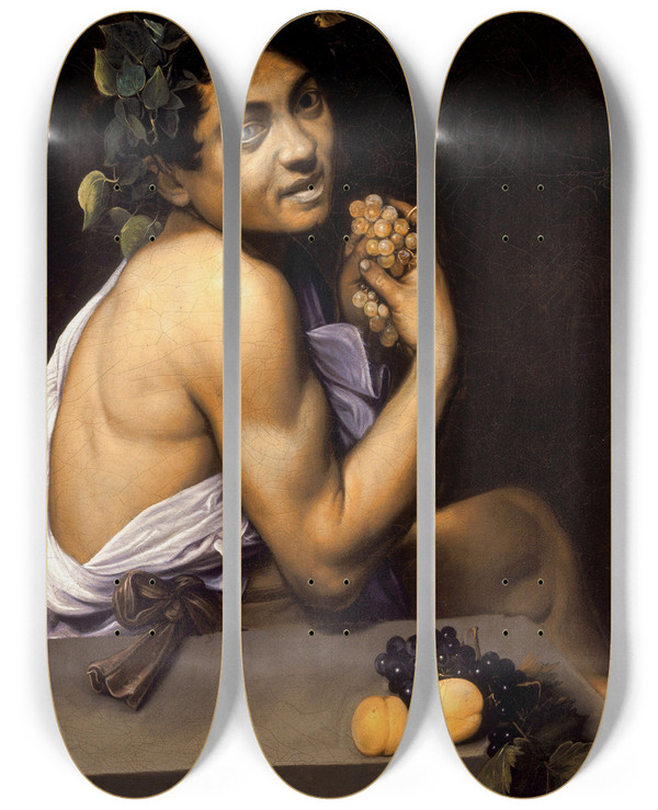 Triptych art skateboard deck of Caravaggio Young Sick Bacchus by Caravaggio (1571-1610)