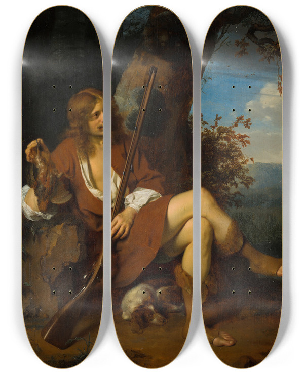 Triptych art skateboard deck of Ary De Vois Selfportrait As A Hunter by Ary de Vois (1632-1680)