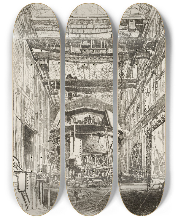 Triptych art skateboard deck of Joseph Pennell Building The Great Turret by Joseph Pennell (1857-1926)