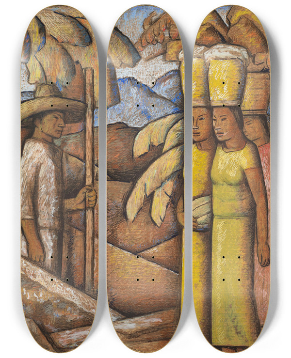 Triptych art skateboard deck of Alfredo Ramos Martnez Vendedoras De Tamales by Alfredo Ramos Martinez (1871-1946)